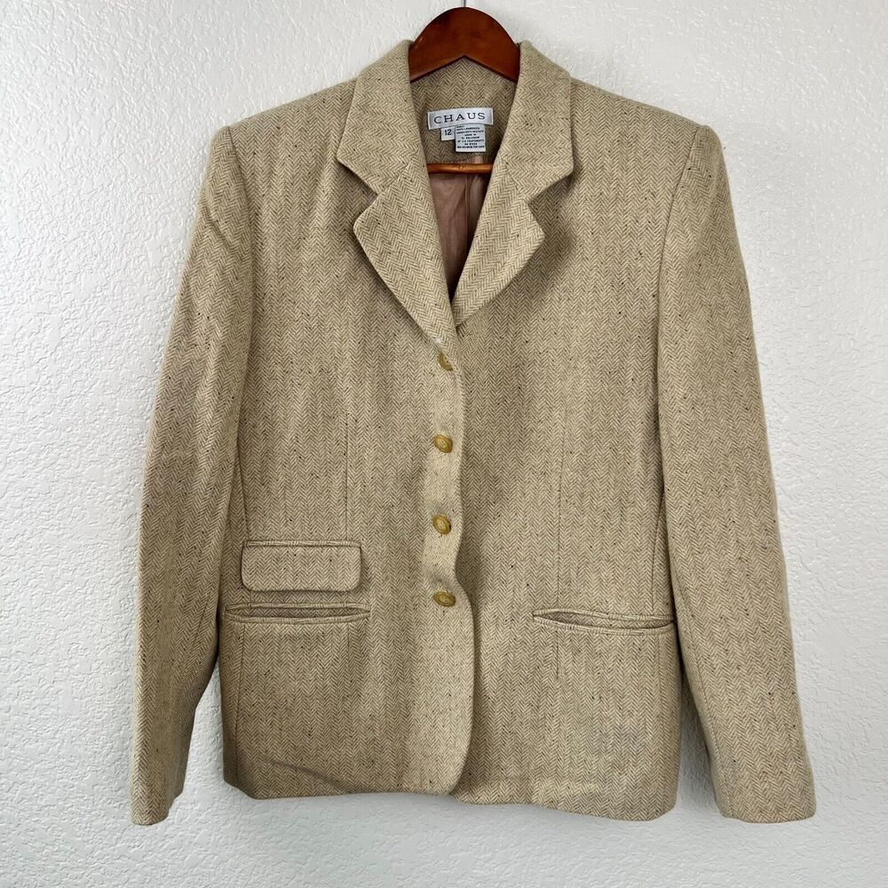 Vintage Chaus Womens 100% Lambswool Neutral Casual Brown Blazer 12
